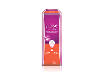 Poise liners long, with 'buy now' button and 'learn more' links