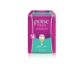 Poise pads regular, with 'buy now' button and 'learn more' link